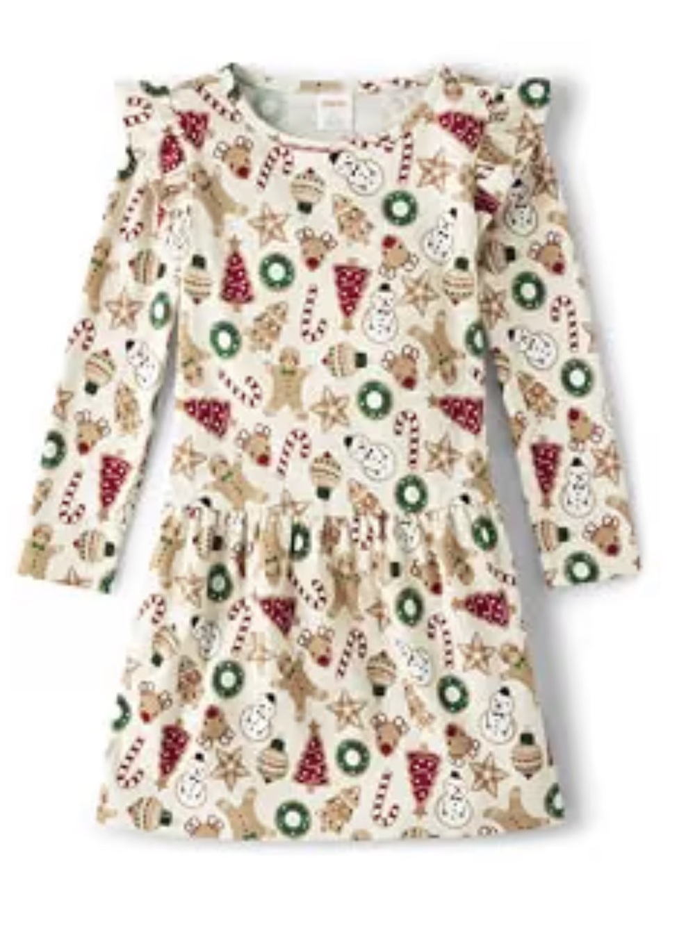 EUC Gymboree Cream Holiday Print Gingerbread Ruffle-Shoulder Long Sleeve Dress 5
